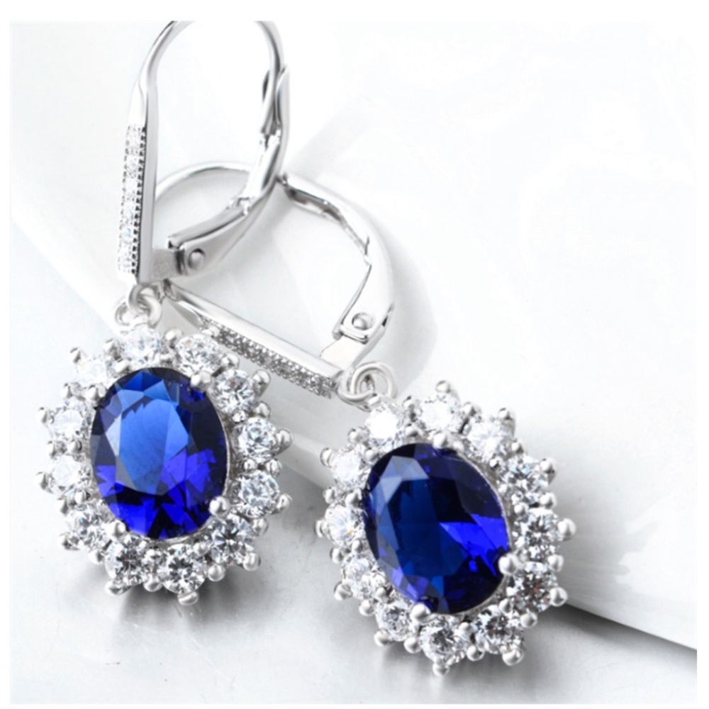 Last One! 18K White Gold Leverback Halo Sapphire Earrings